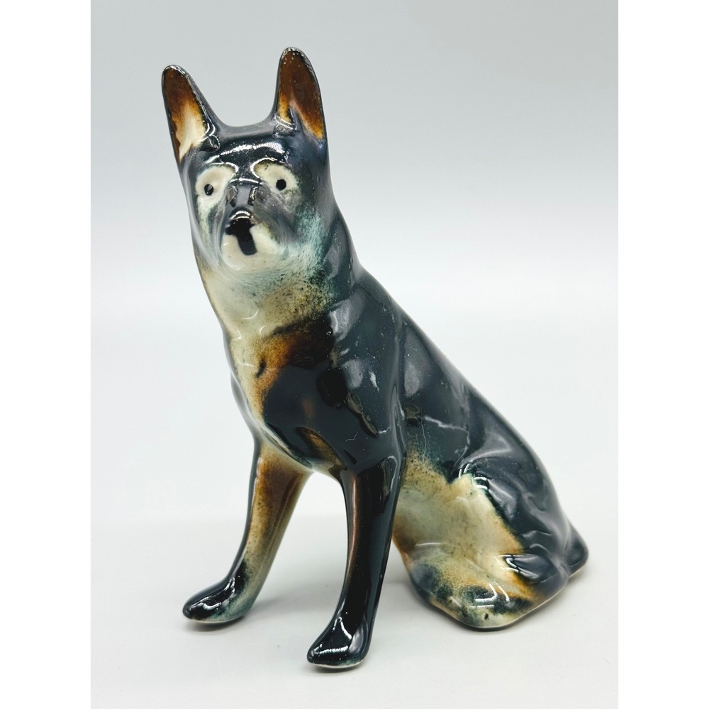 German Shepherd Dog Figurine Black Tan Glossy Glaze Seated Statue Ceramic